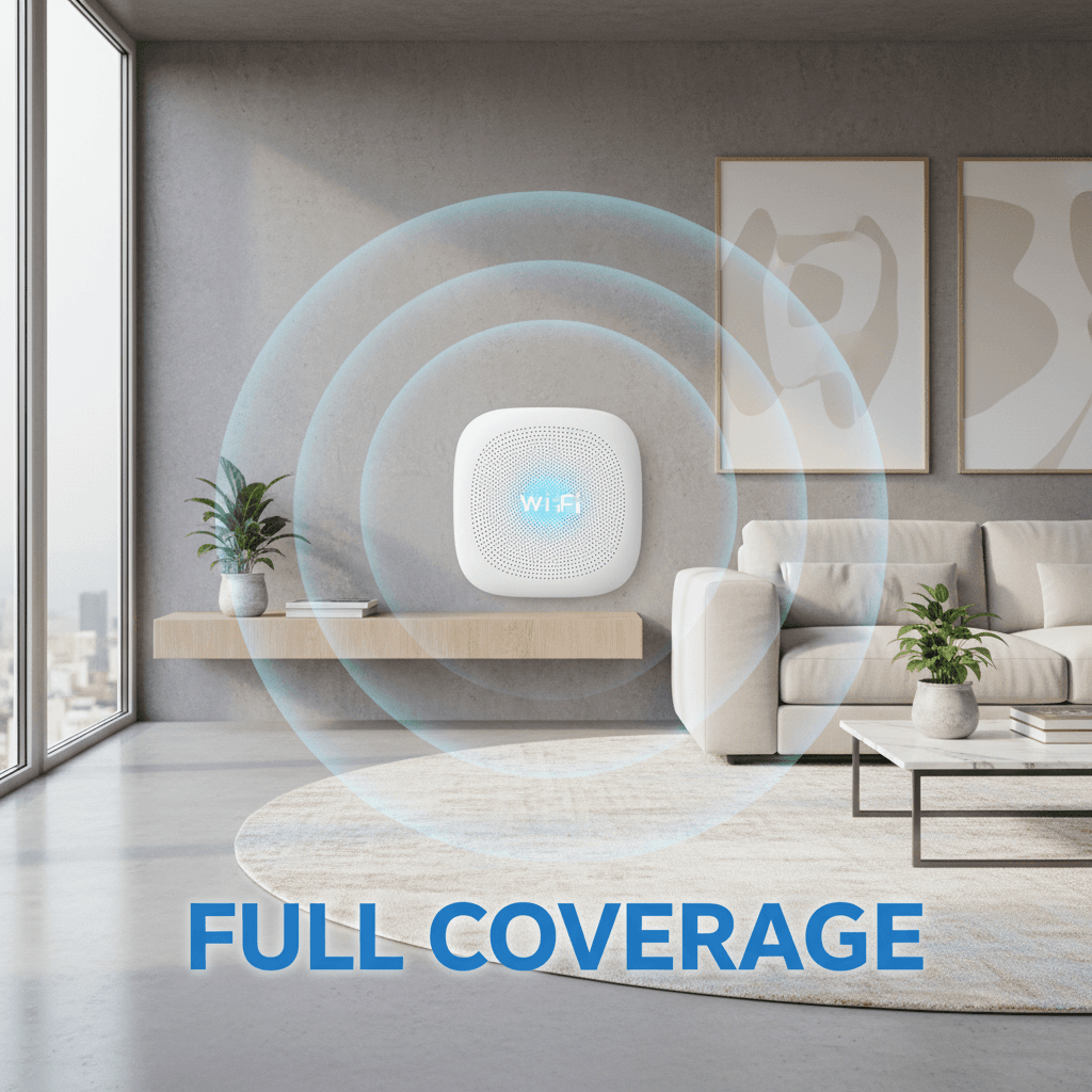 mesh router in living room providing whole-home coverage