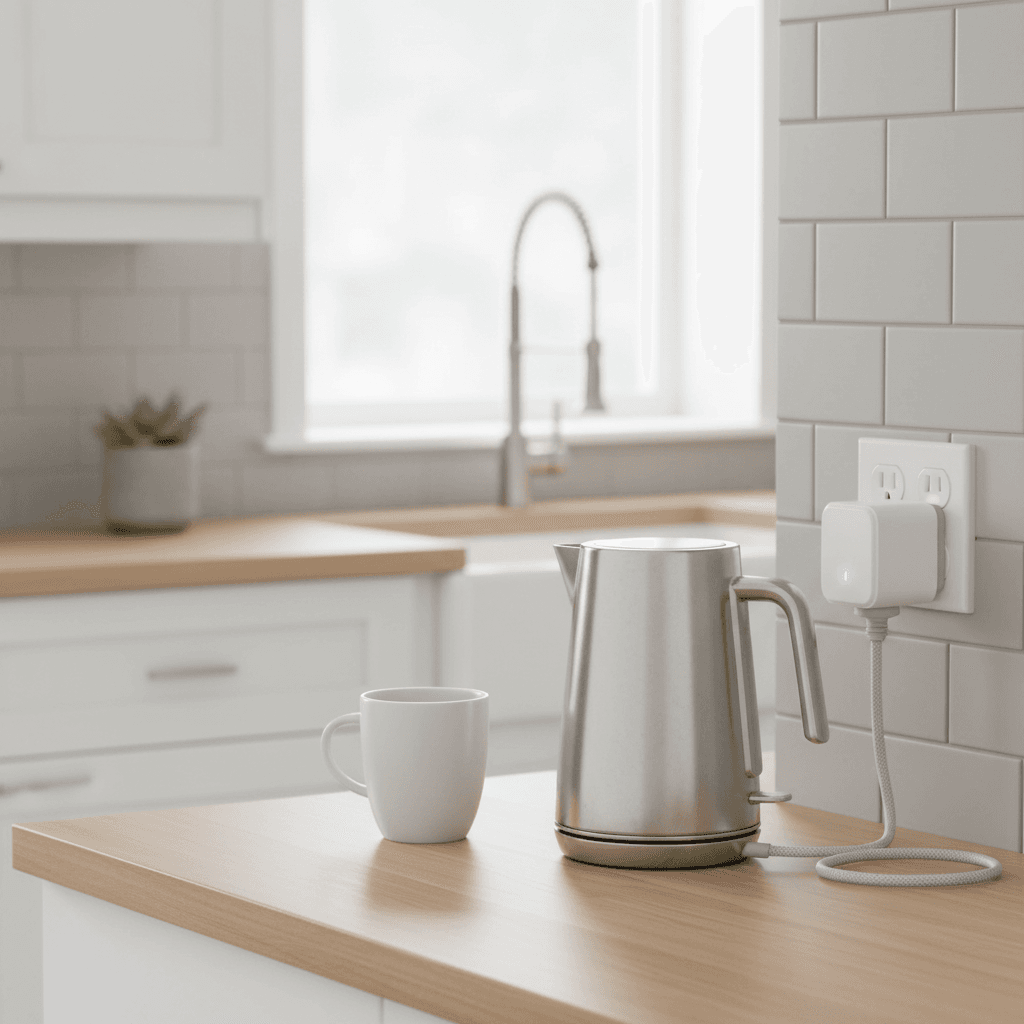 Smart plug connected to a wall outlet in a kitchen