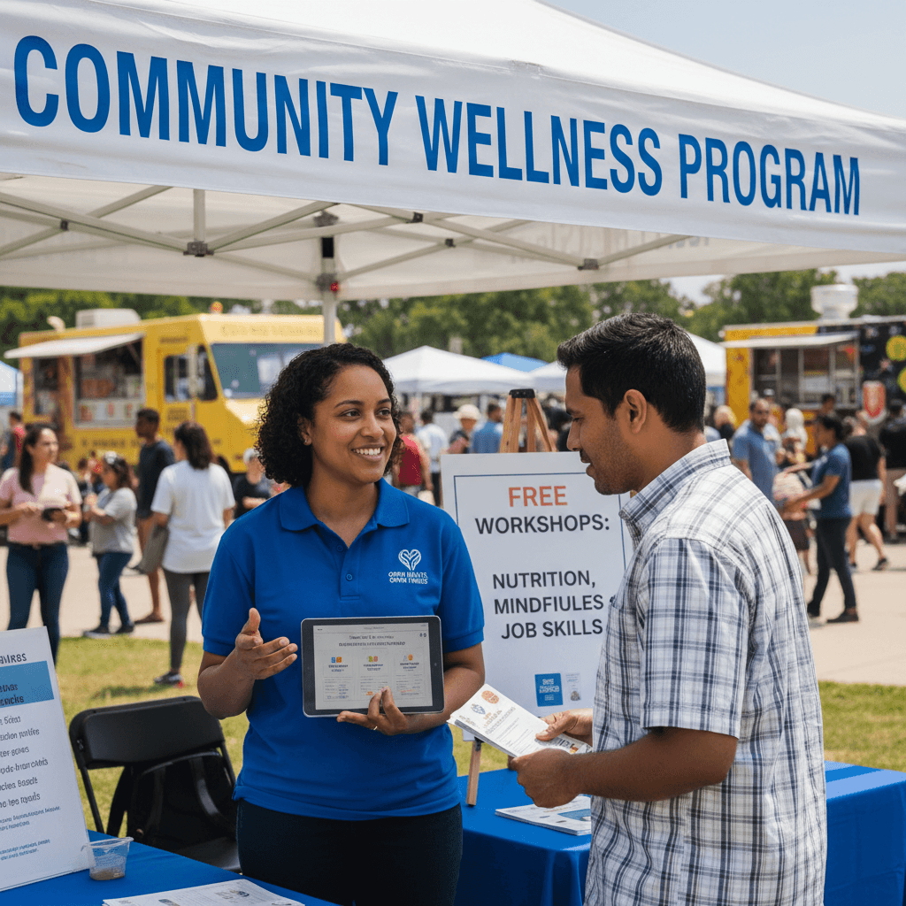 Outreach coordinator explaining a program to a resident at a public event