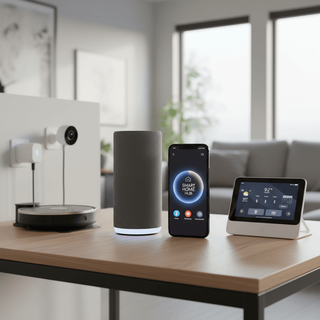 Smart home devices on a modern table