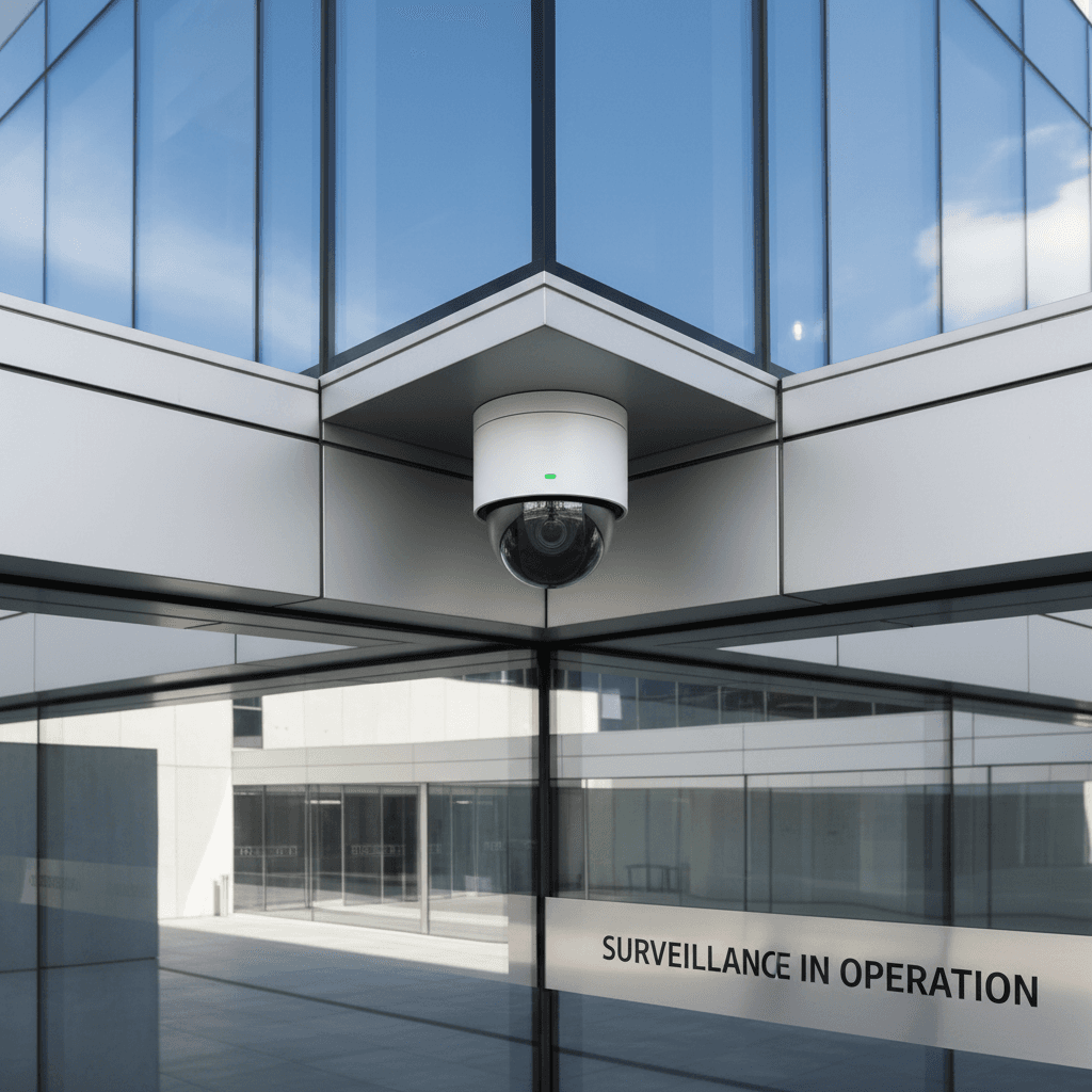 Security camera mounted on modern building exterior