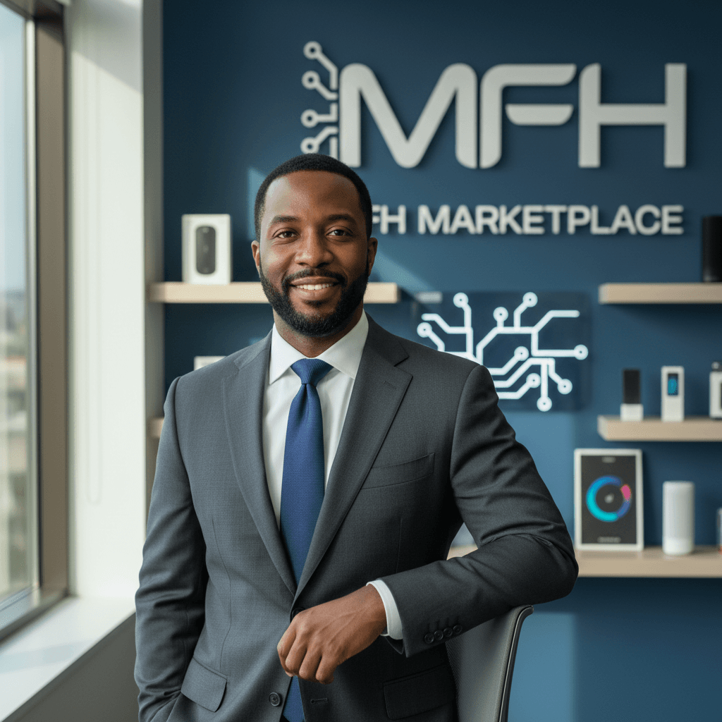Smiling Black man in a grey suit posing in front of an MFH Marketplace logo.