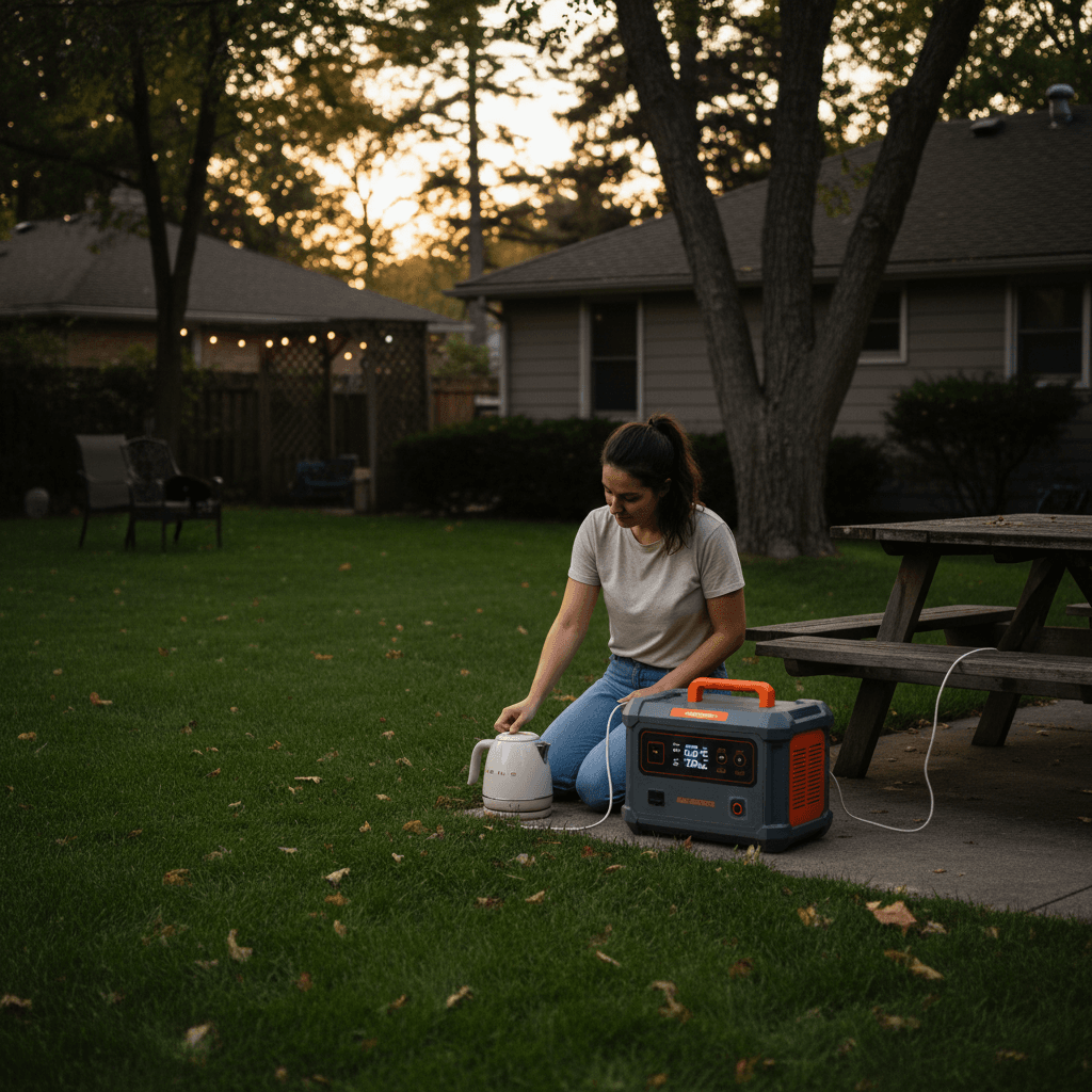 Portable power station powering a small appliance during a power outage