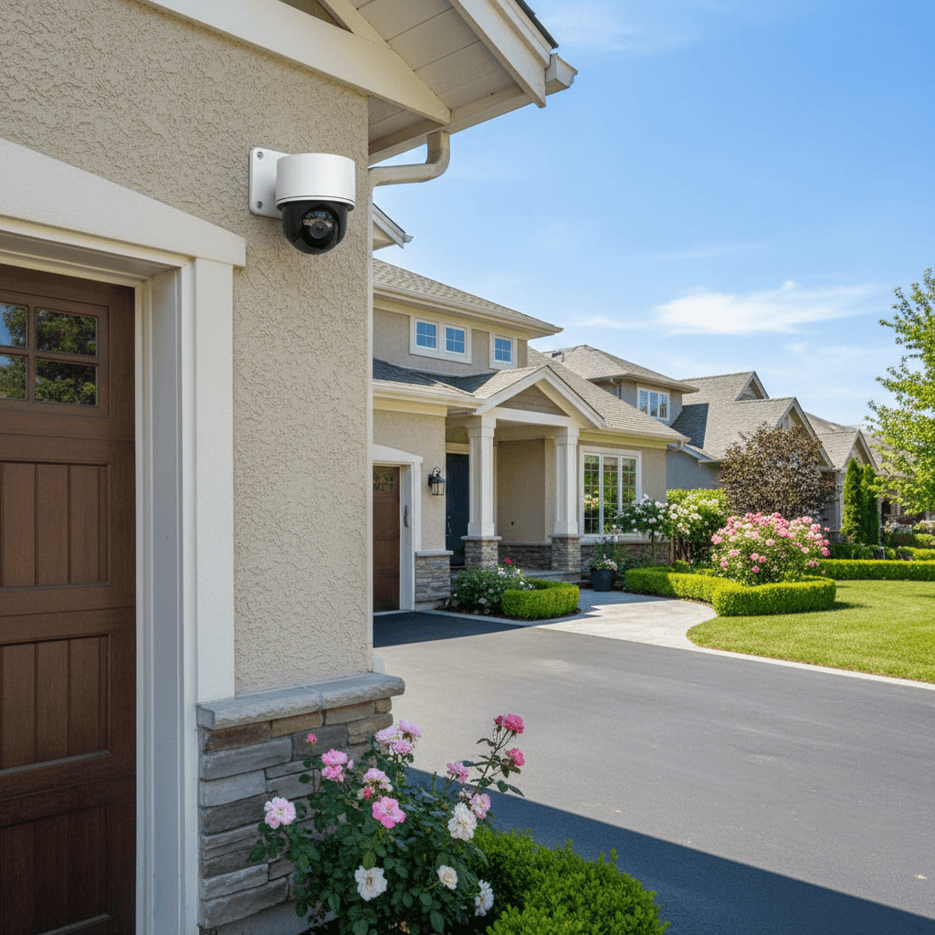 Outdoor security camera mounted on a house exterior