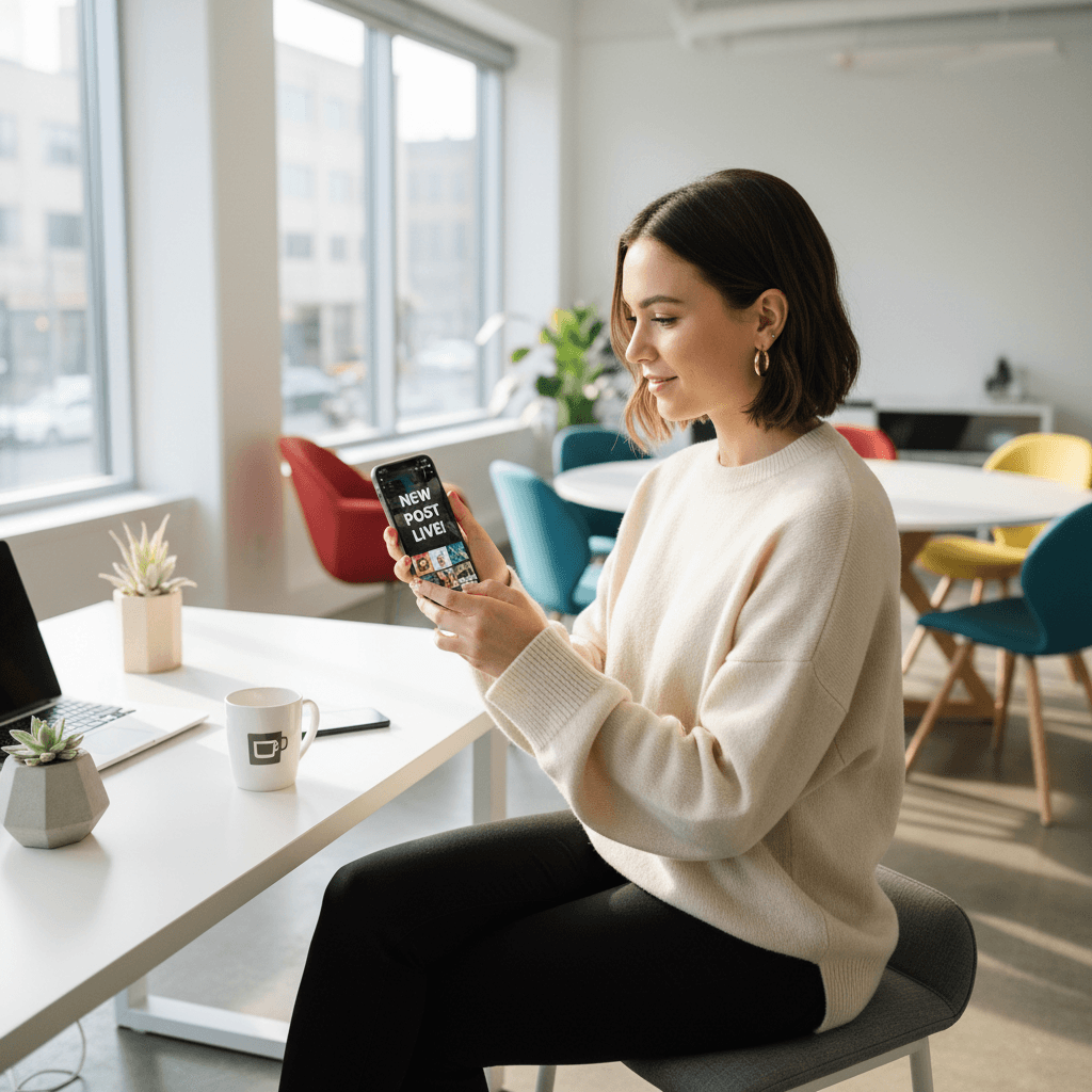 Communications professional creating social media content on a smartphone in a bright office