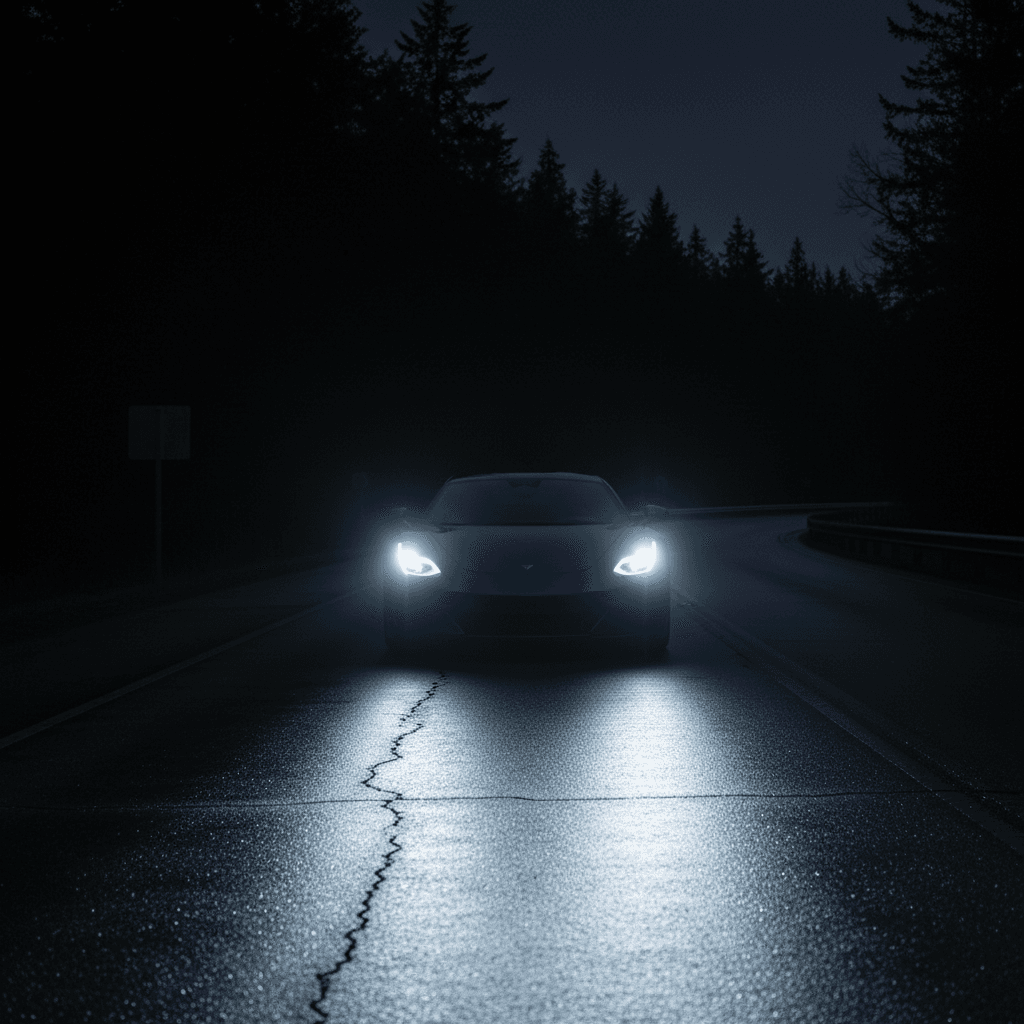 LED headlight illuminating road at night