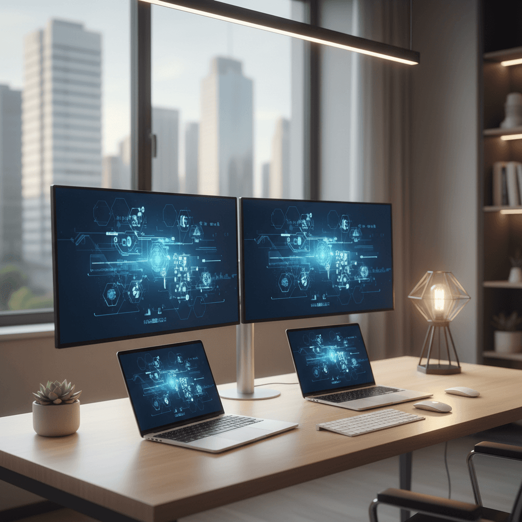 Modern computer monitors and laptops arranged on a clean desk