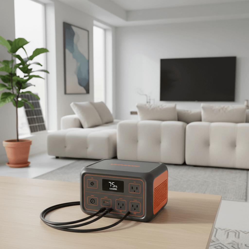 Portable power station plugged in and ready for home backup use