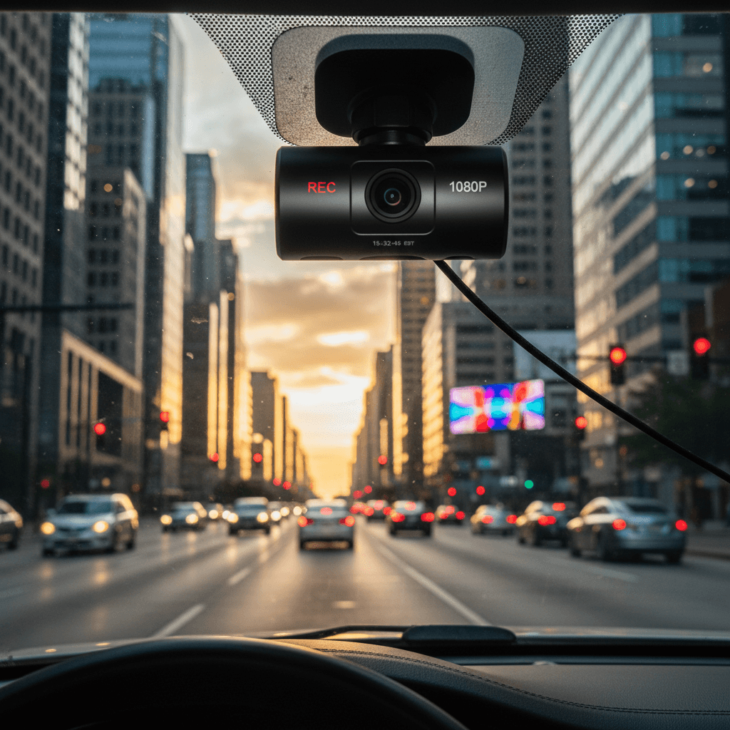 Dash camera mounted on windshield