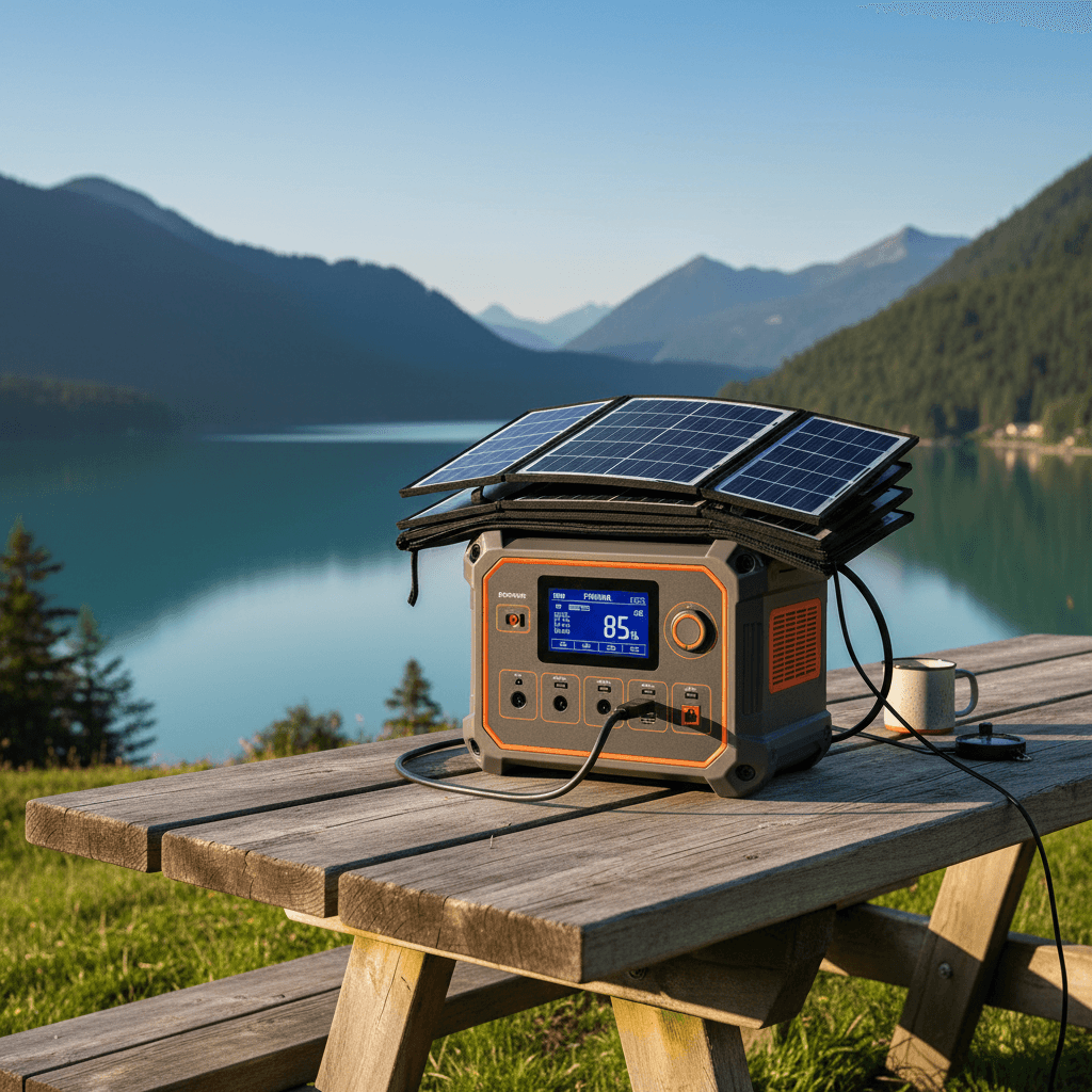 Portable power station with a solar panel on a table outdoors