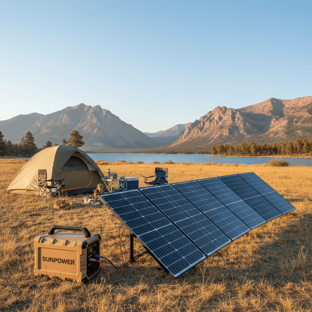 Solar generator with panels deployed at a campsite for off-grid charging
