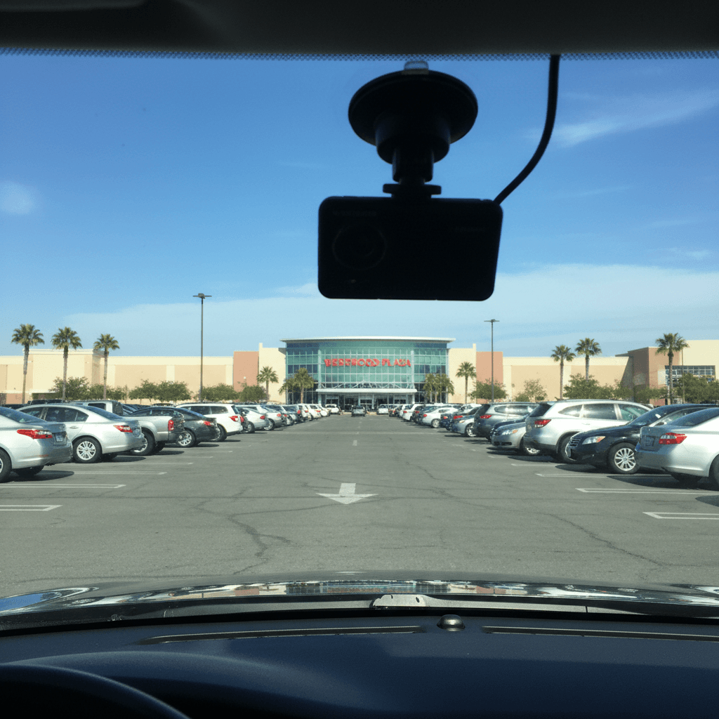 Dash camera mounted on a car windshield in a parking lot
