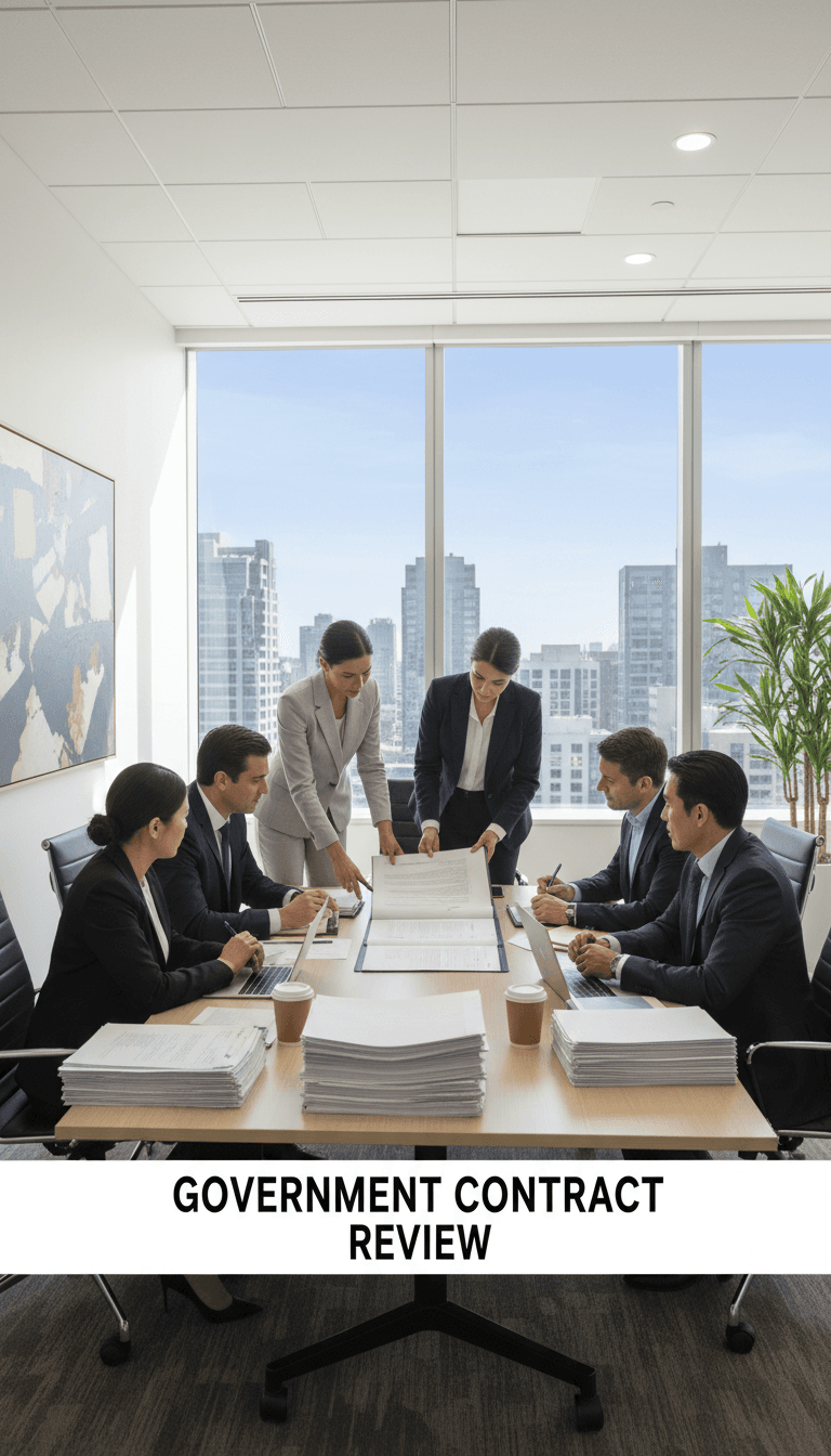 Government procurement team reviewing contract documents