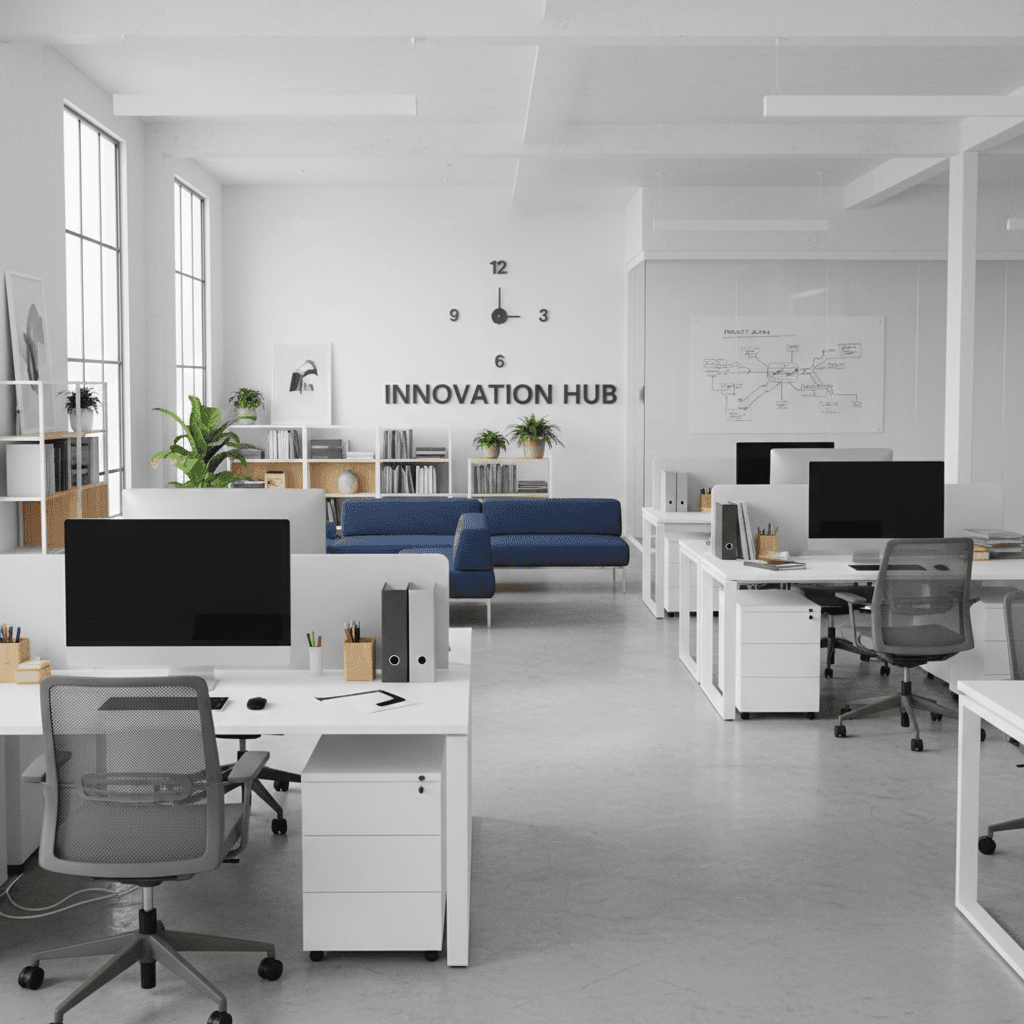 Modern office furniture and supplies in a bright institutional setting