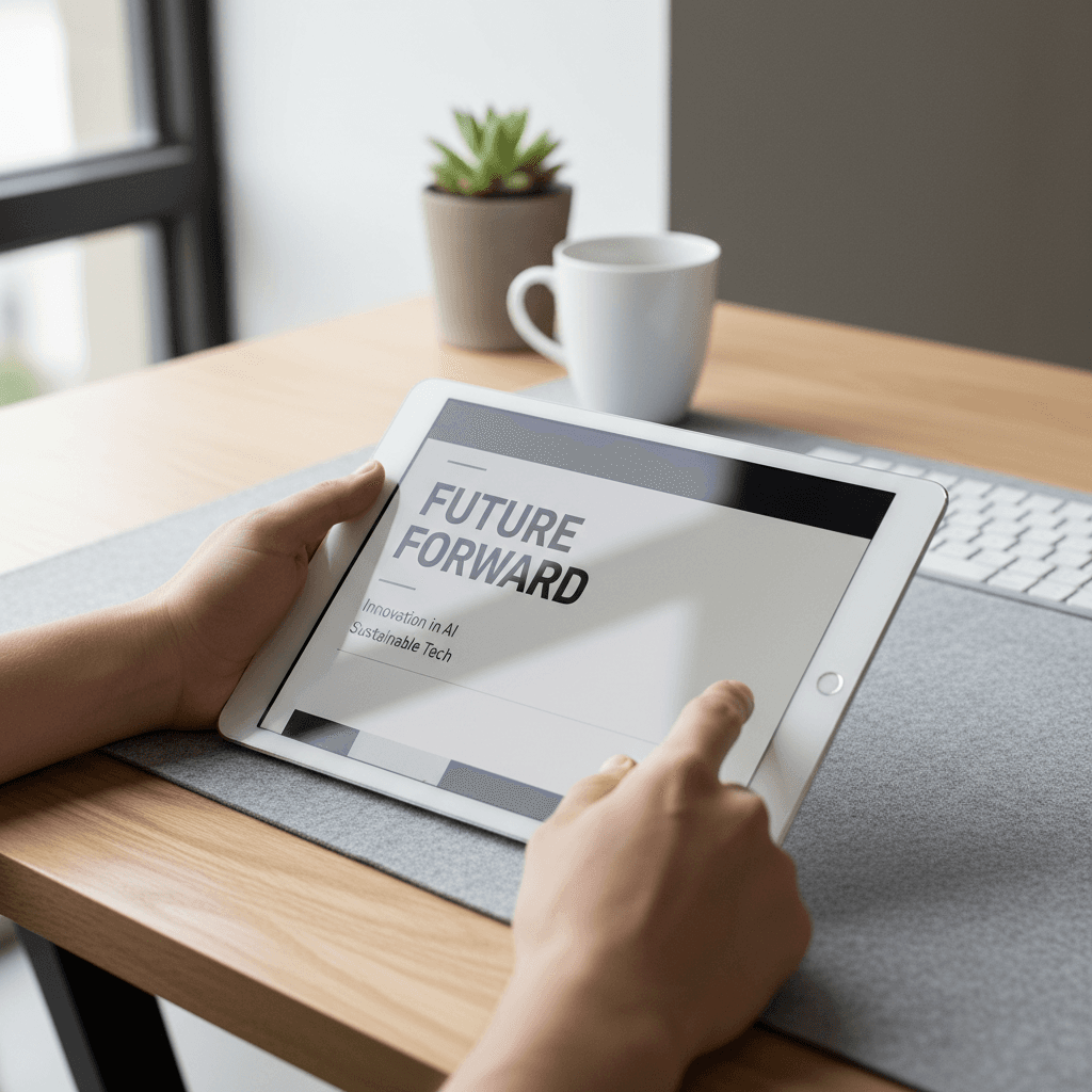 Close-up of hands reading a digital newsletter on a tablet at a modern desk