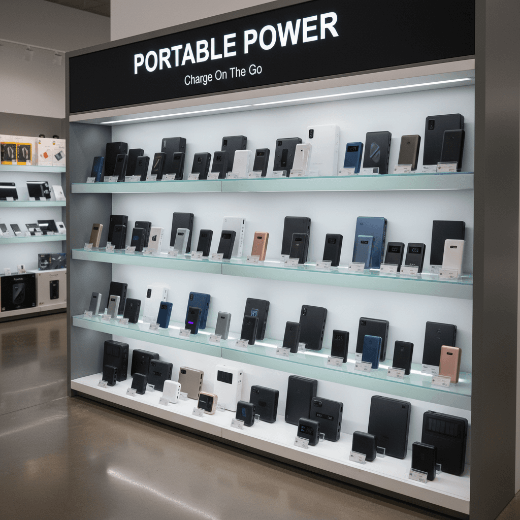 Variety of power banks displayed in a retail shelving setup
