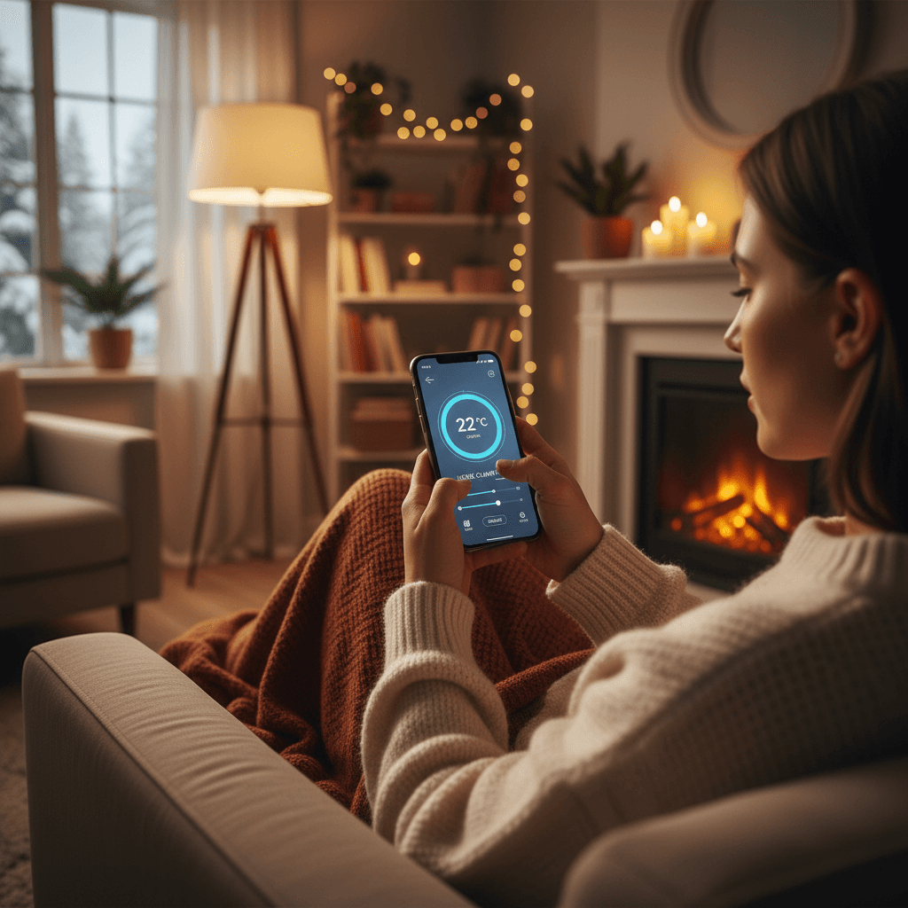 Person adjusting a smart thermostat using a smartphone app