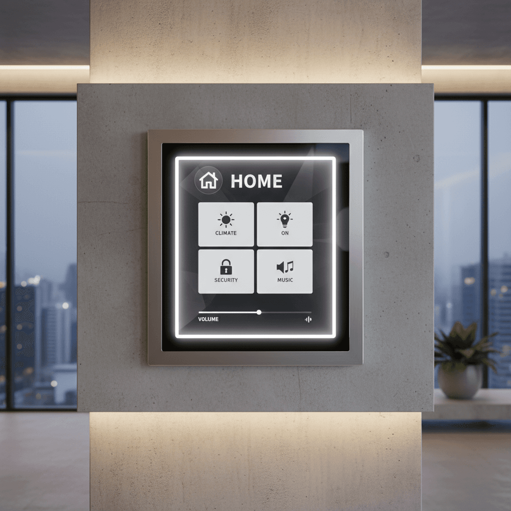 Smart home control panel mounted on a wall in a modern building