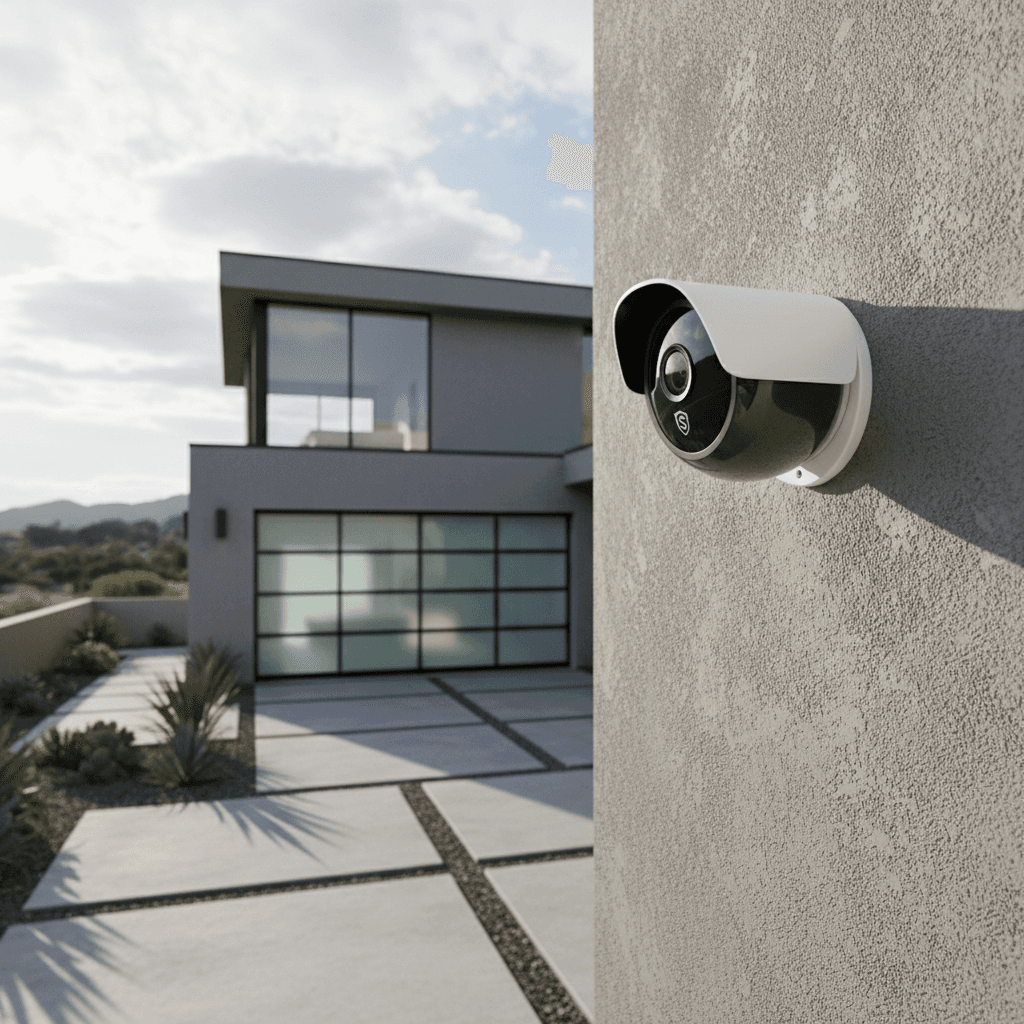 Security camera on exterior wall