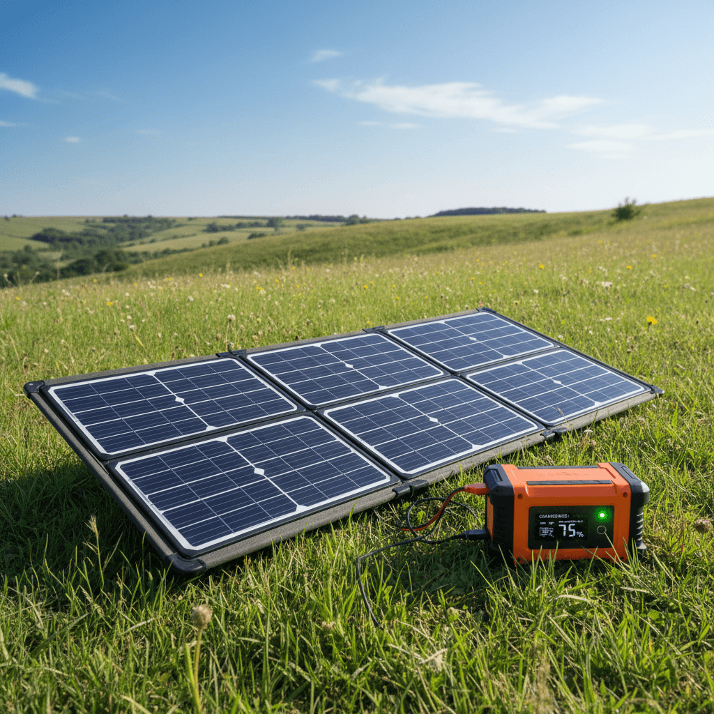 Foldable solar panel connected to a battery pack for off-grid travel charging