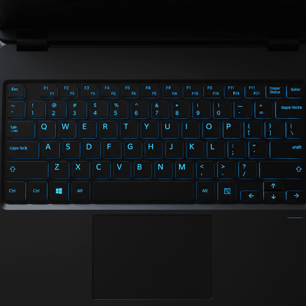 Laptop keyboard with blue backlight in a dim room