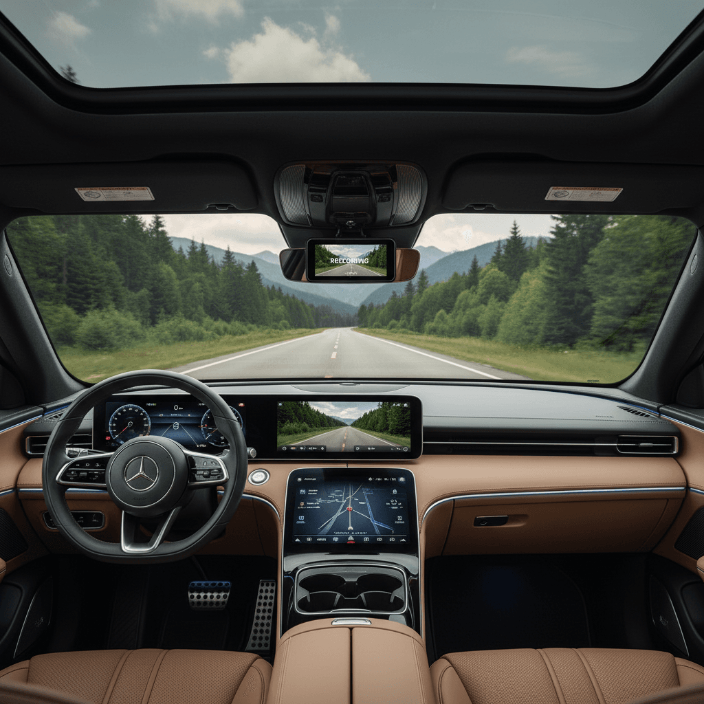 Dash camera mounted on car windshield