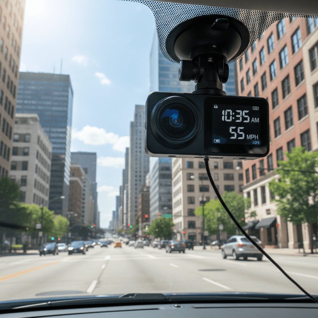 Dash camera mounted on windshield