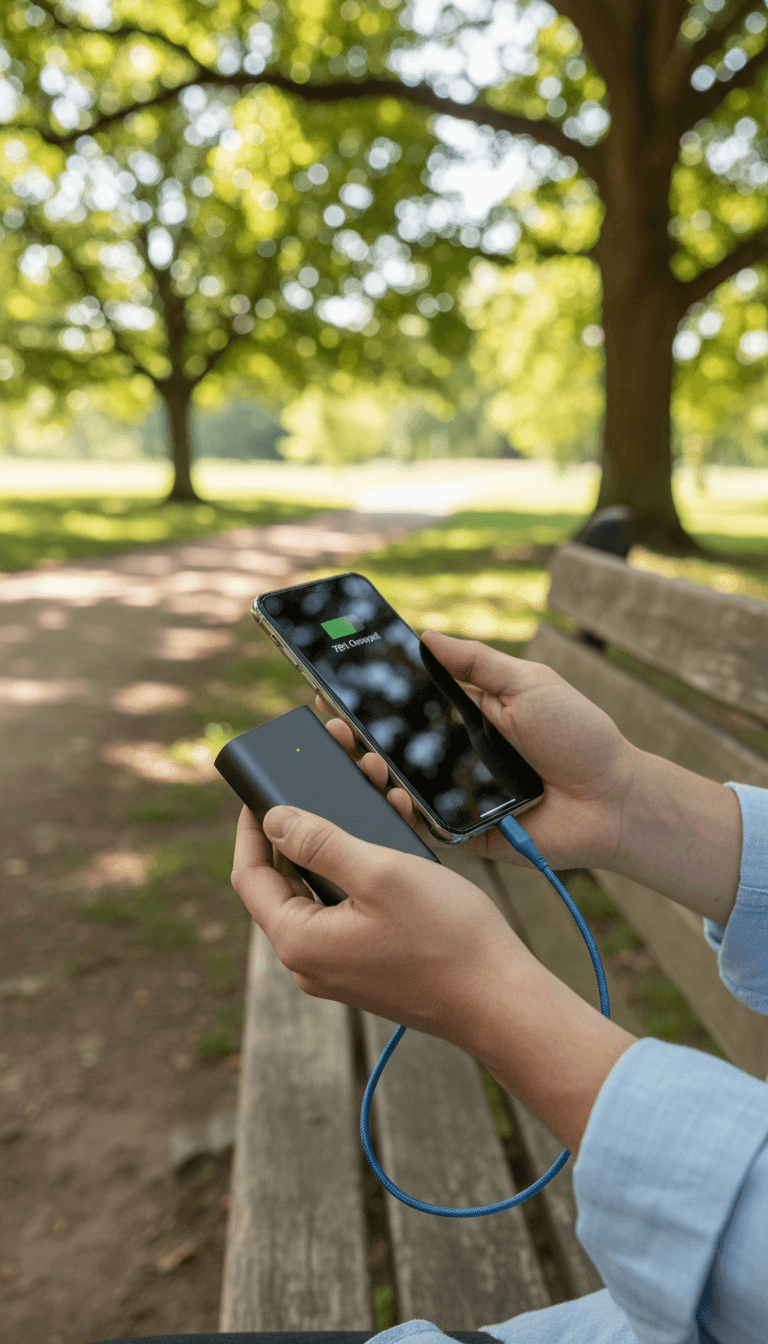 Person charging a phone with a power bank outdoors