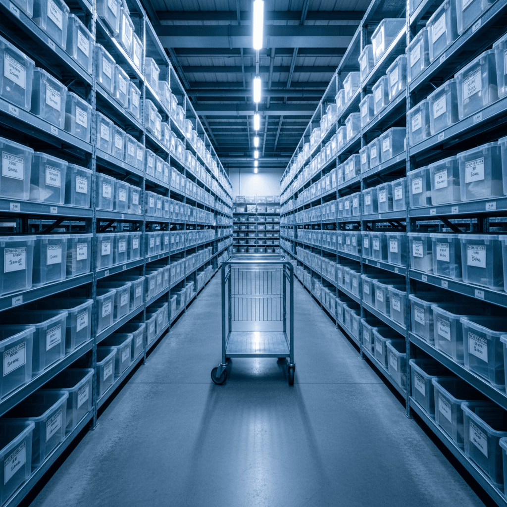 Organized warehouse aisle with labeled bins