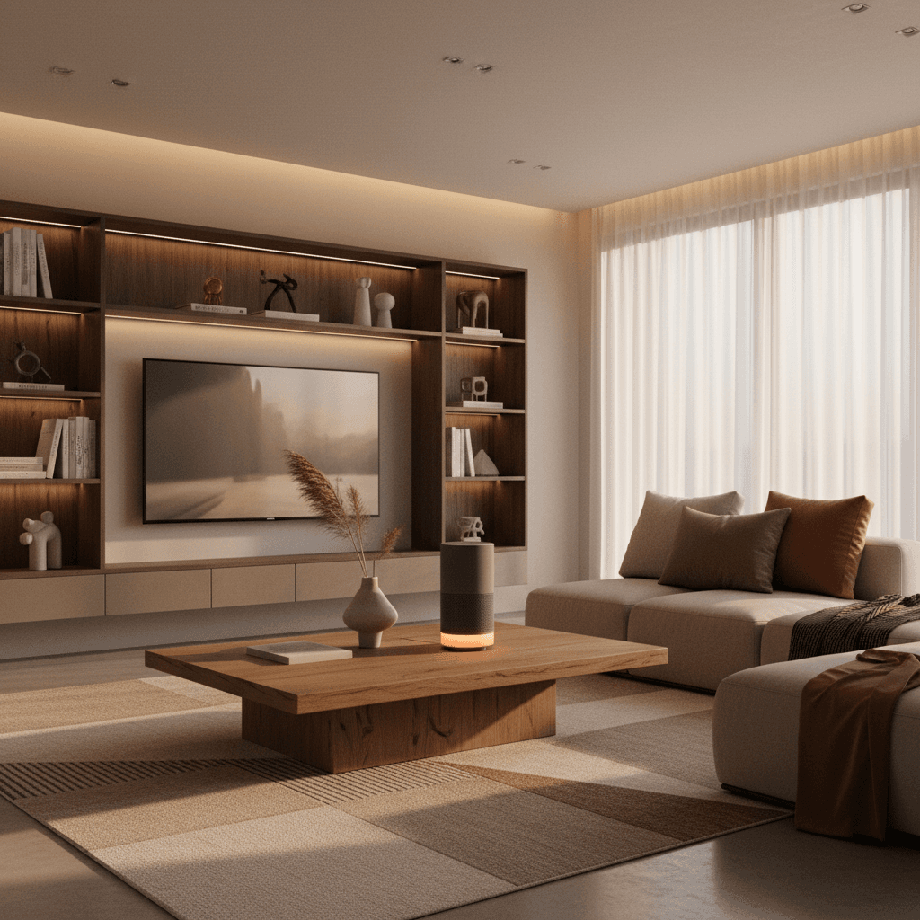 Smart speaker on a coffee table in a modern living room