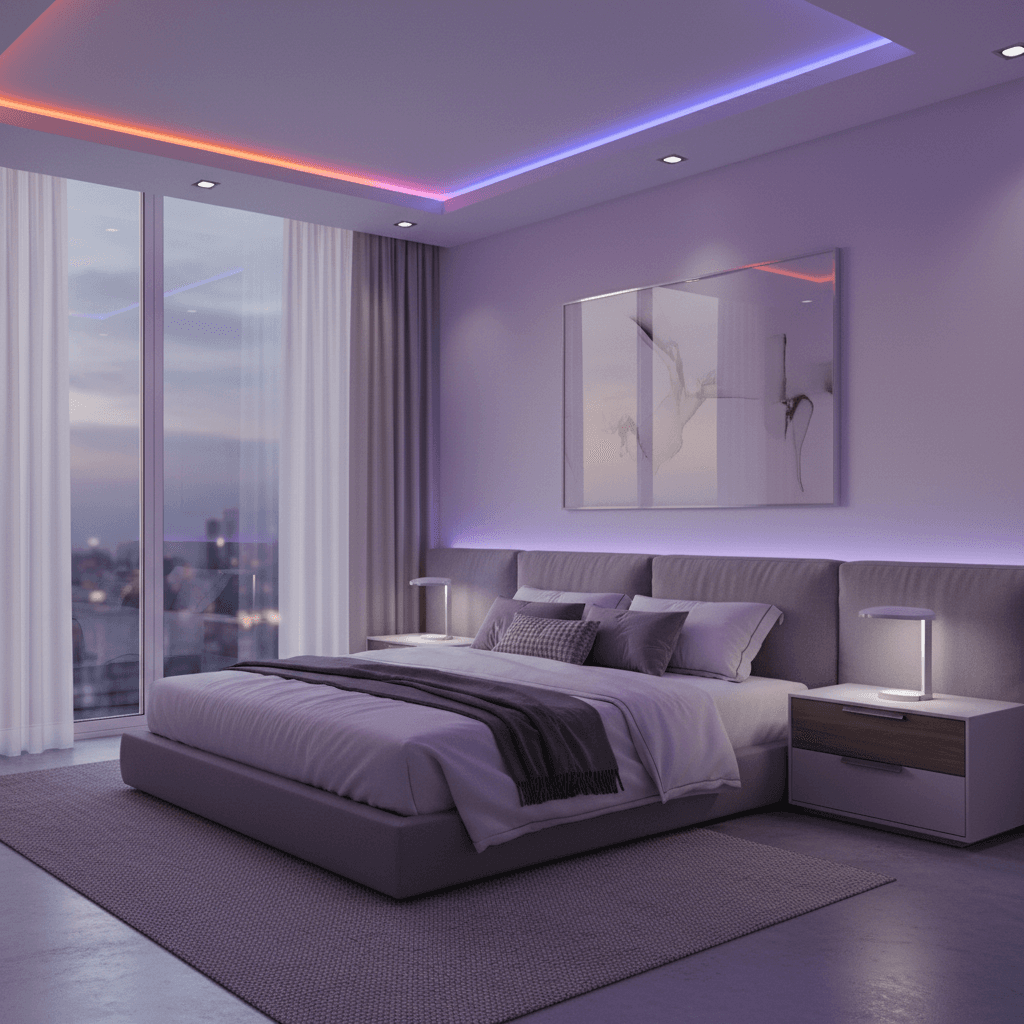 Smart lighting setup in a bedroom with adjustable color bulbs