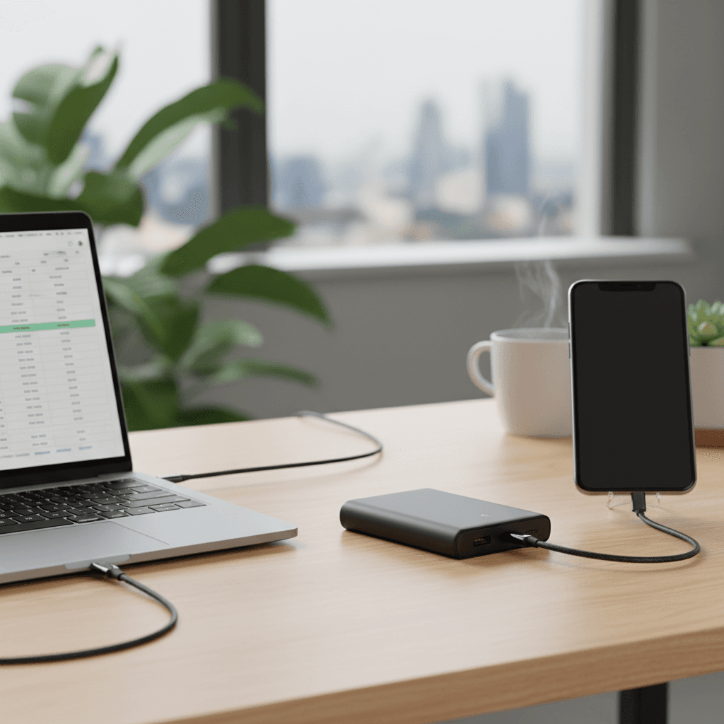 Compact power bank charging phone and laptop during a workday