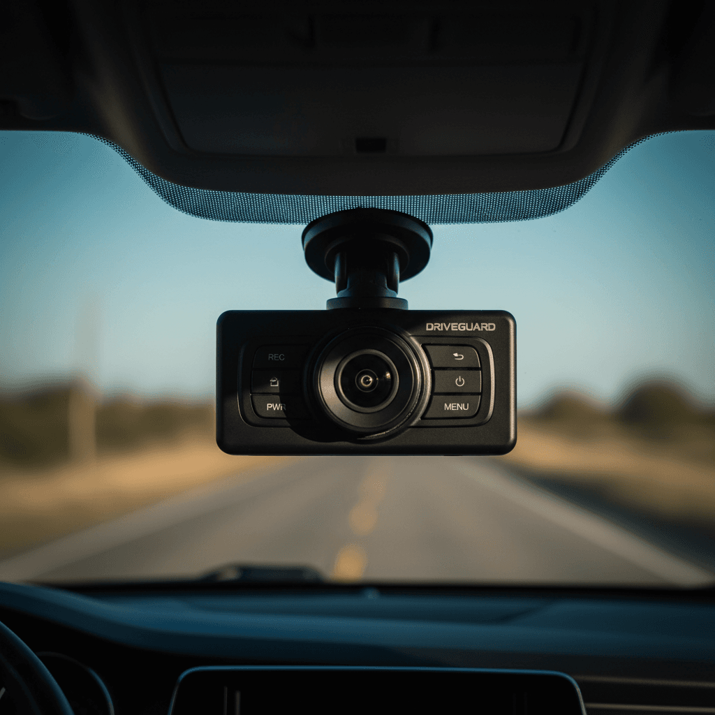 Dash cam mounted on a car windshield with road ahead visible