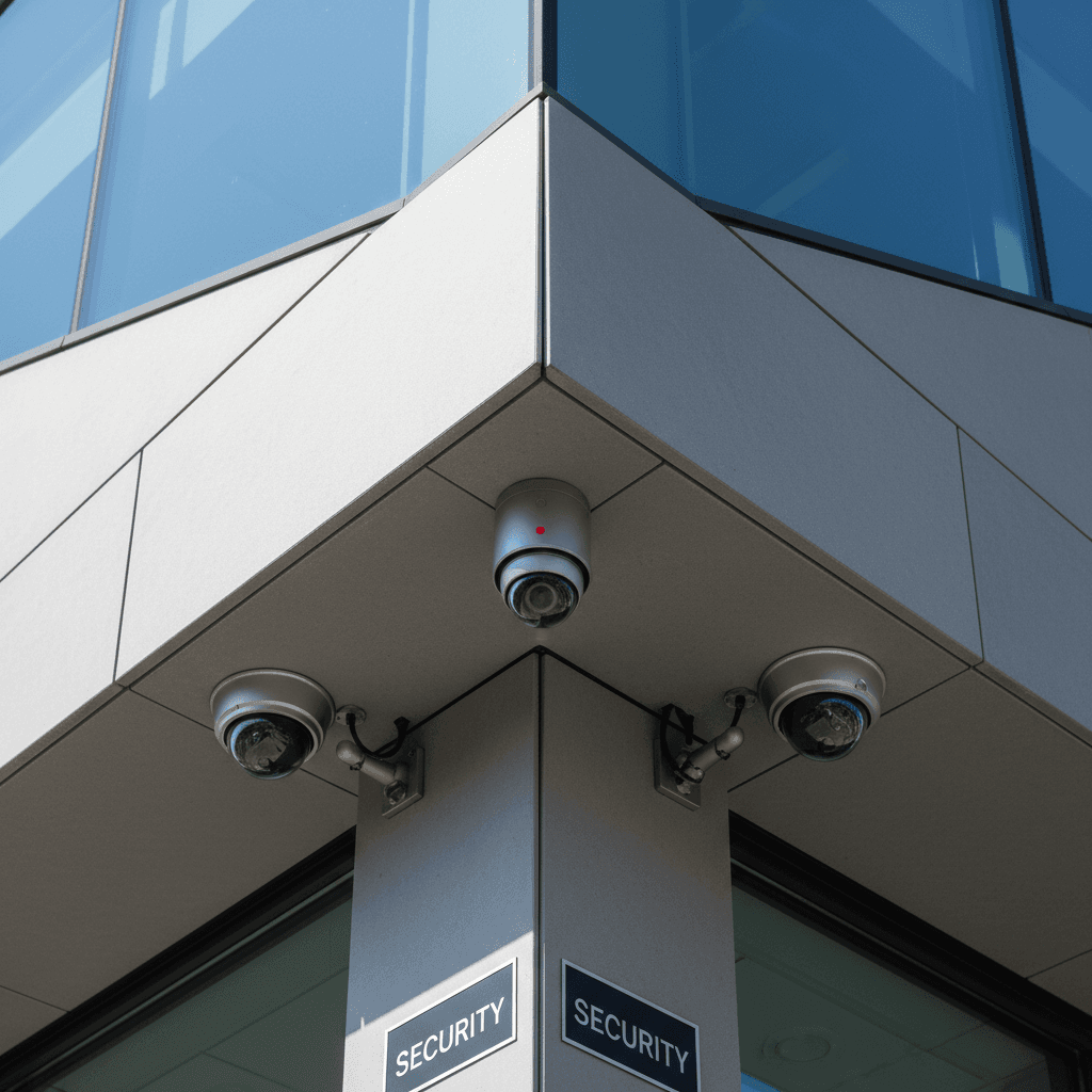 Security camera system installed on a modern building exterior