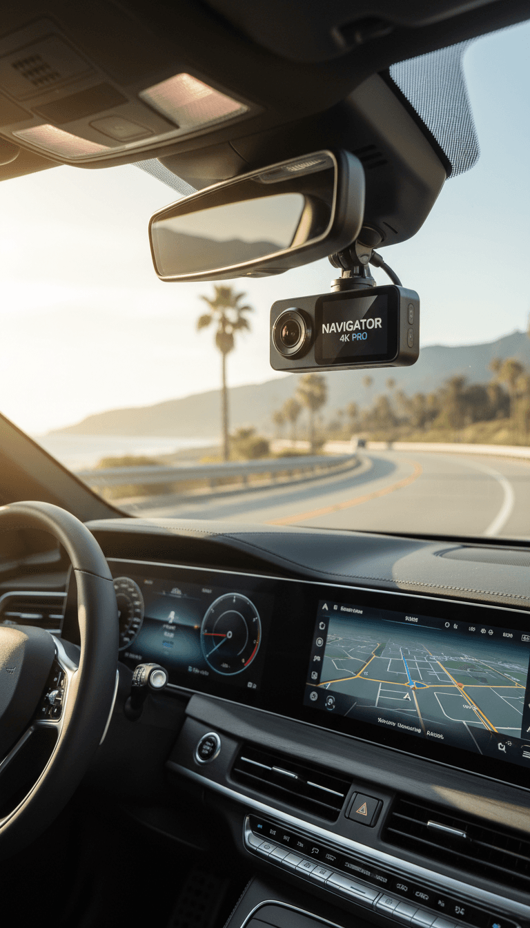 Sleek dash camera mounted on a car windshield in a sunlit modern vehicle interior