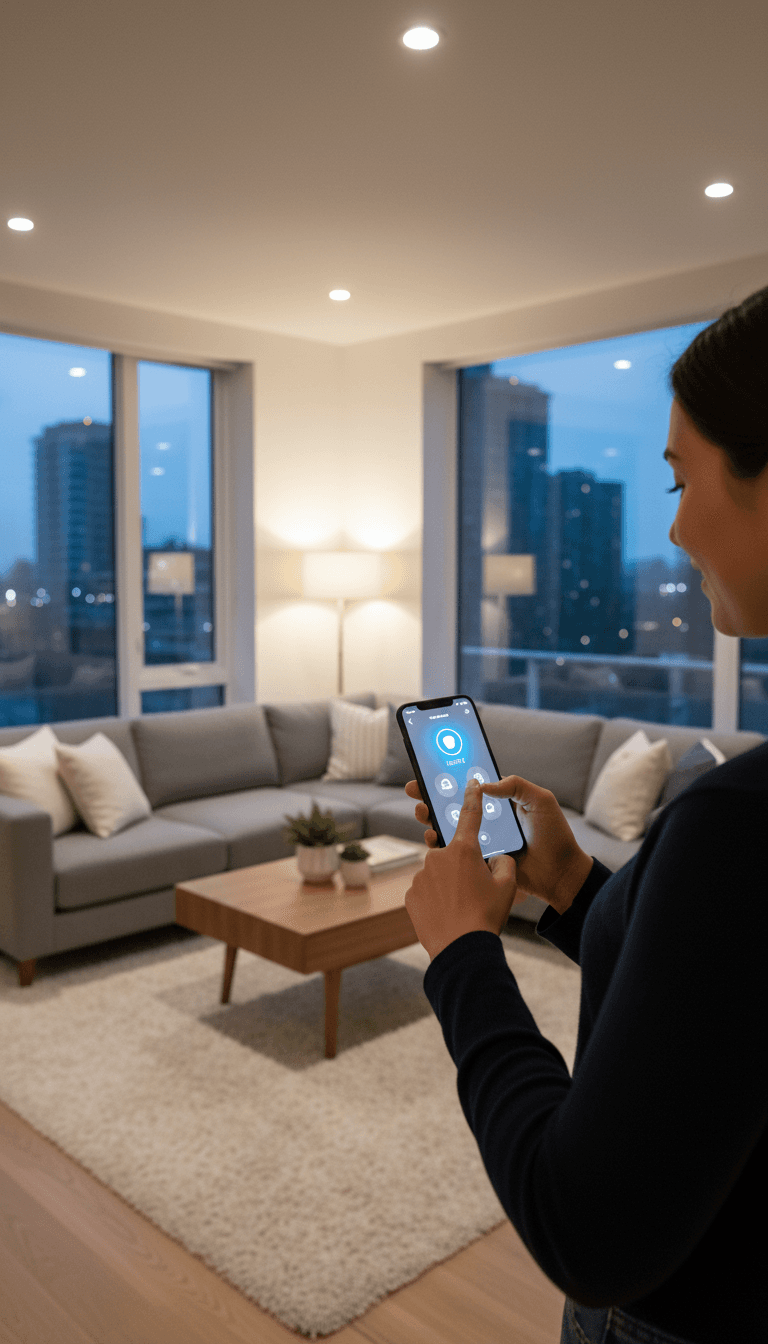 Person controlling smart home lights with smartphone