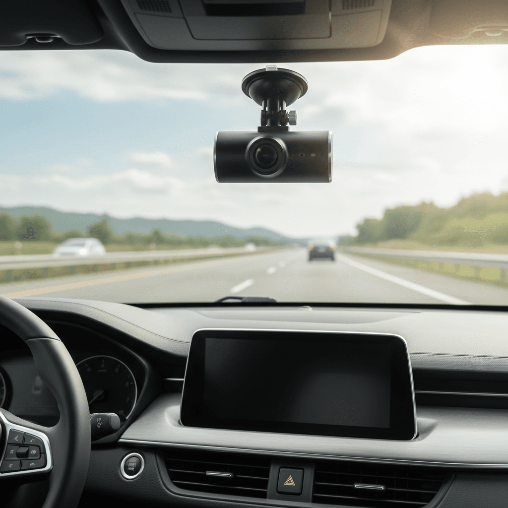 Dash camera mounted on modern car windshield with road view ahead