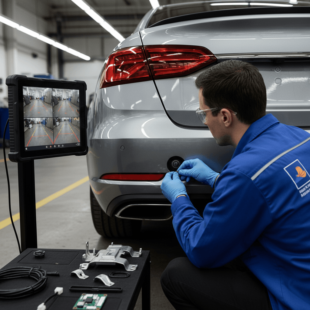 Technician calibrating backup camera on vehicle bumper with diagnostic monitor displaying camera feed