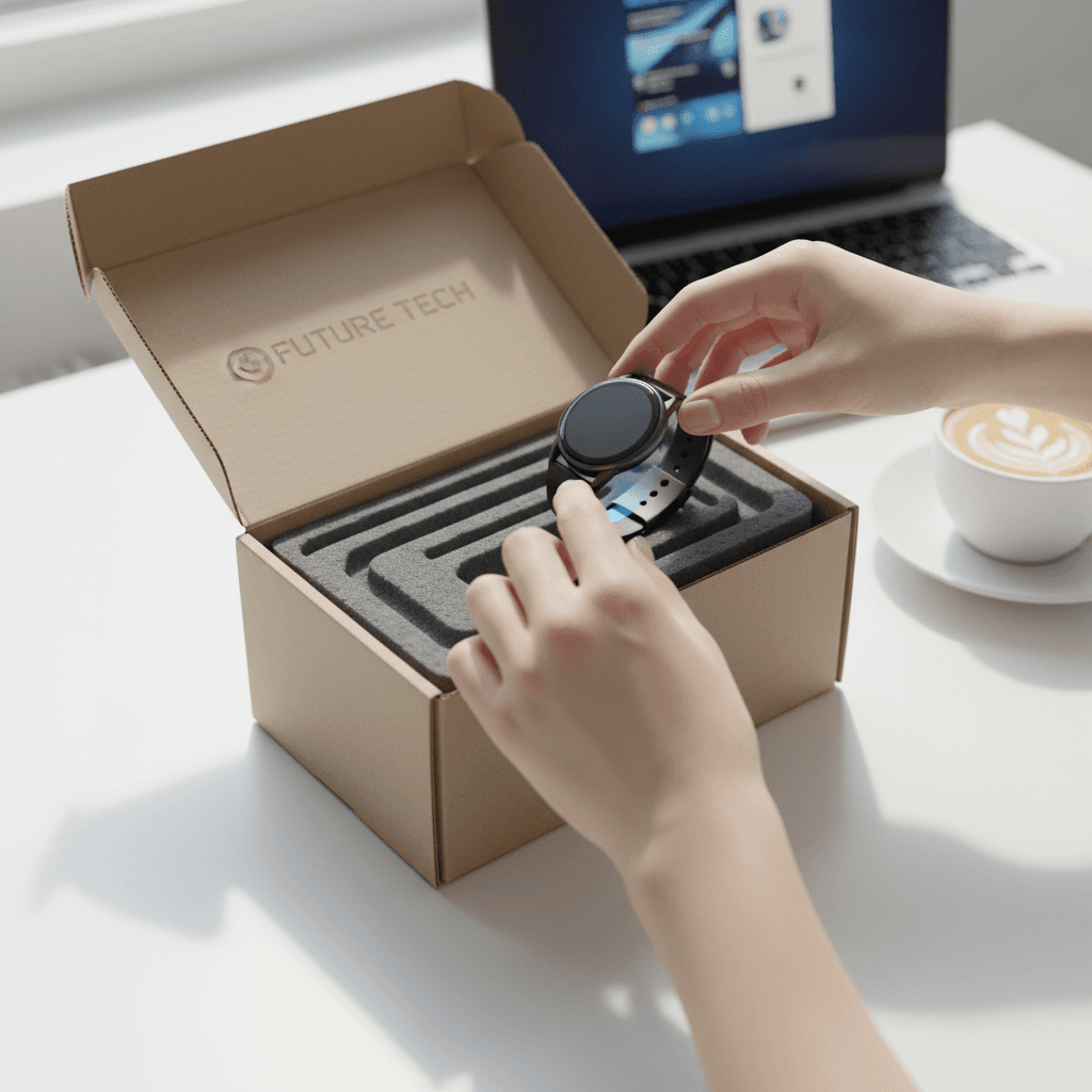 Hands unboxing a consumer electronics product from a shipping box on a desk