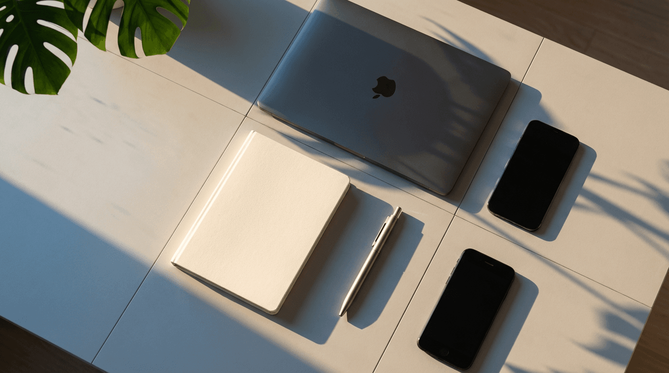 Office workspace with laptop and smartphone