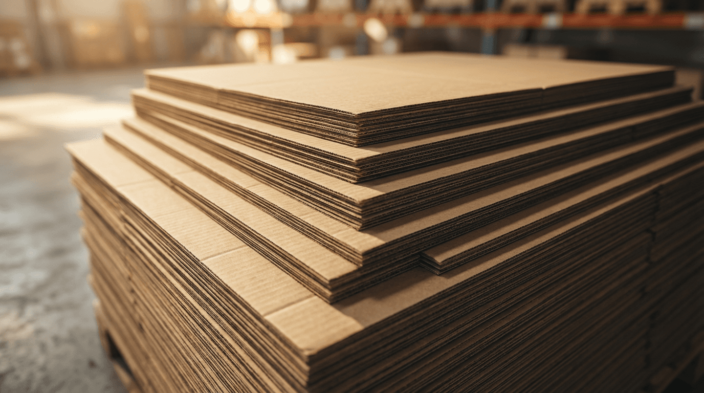 Stacked sealed product boxes on a warehouse shelf with shallow depth of field