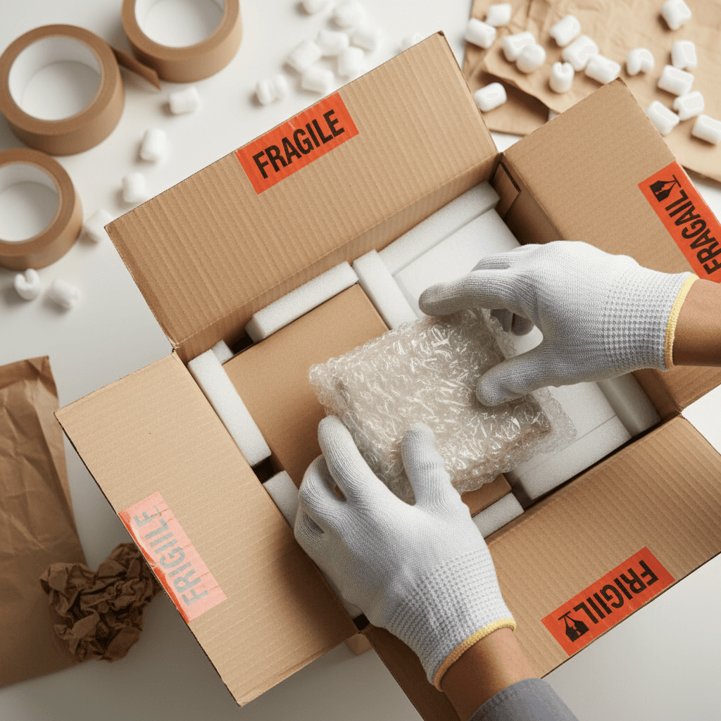 Hands carefully packing fragile shipment with protective bubble wrap and foam inside cardboard box with warning labels