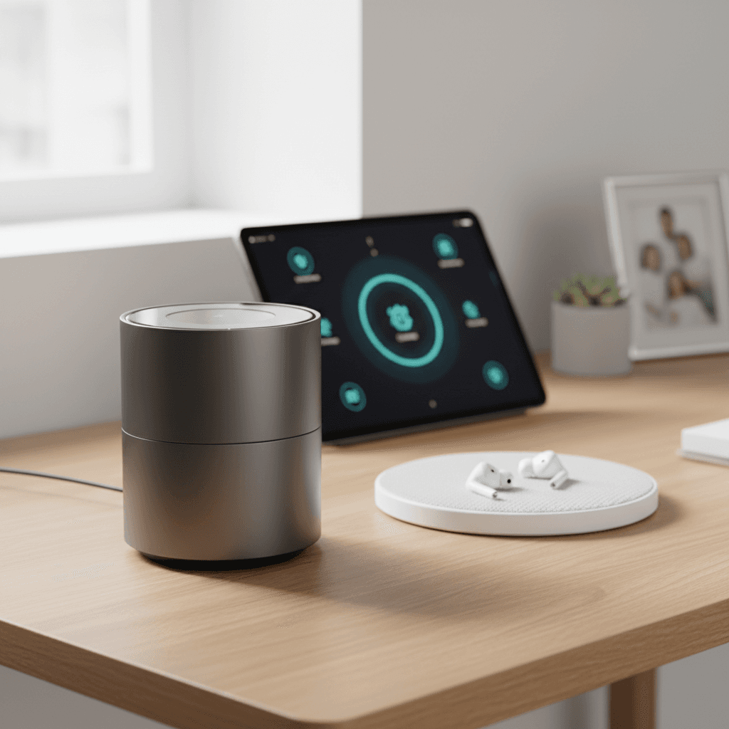 Smart home speaker on desk with smartphone app in foreground