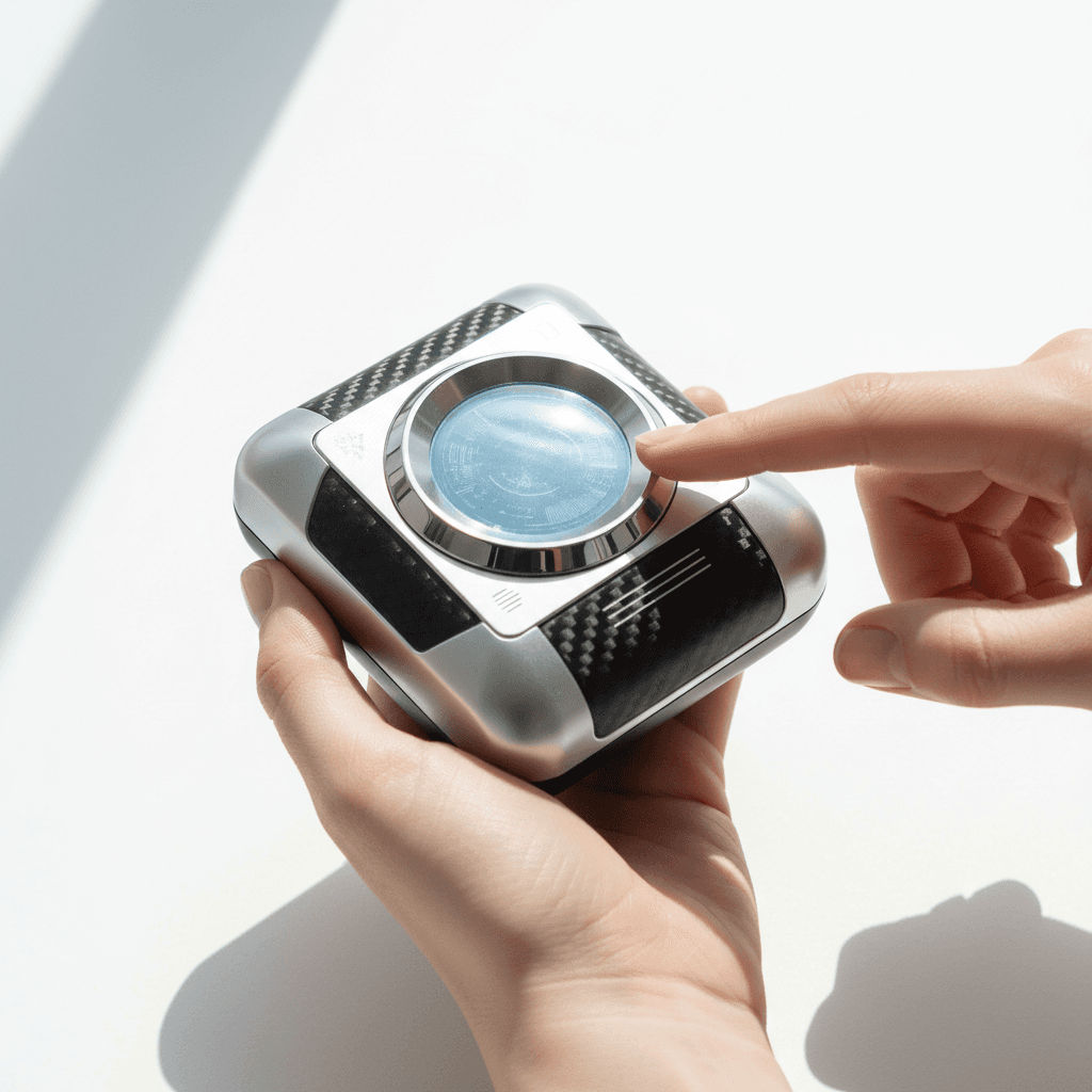 Hand holding a dash cam with premium packaging in the background