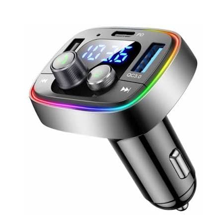 Bluetooth car FM transmitter with digital display, dual USB ports, and RGB light ring.