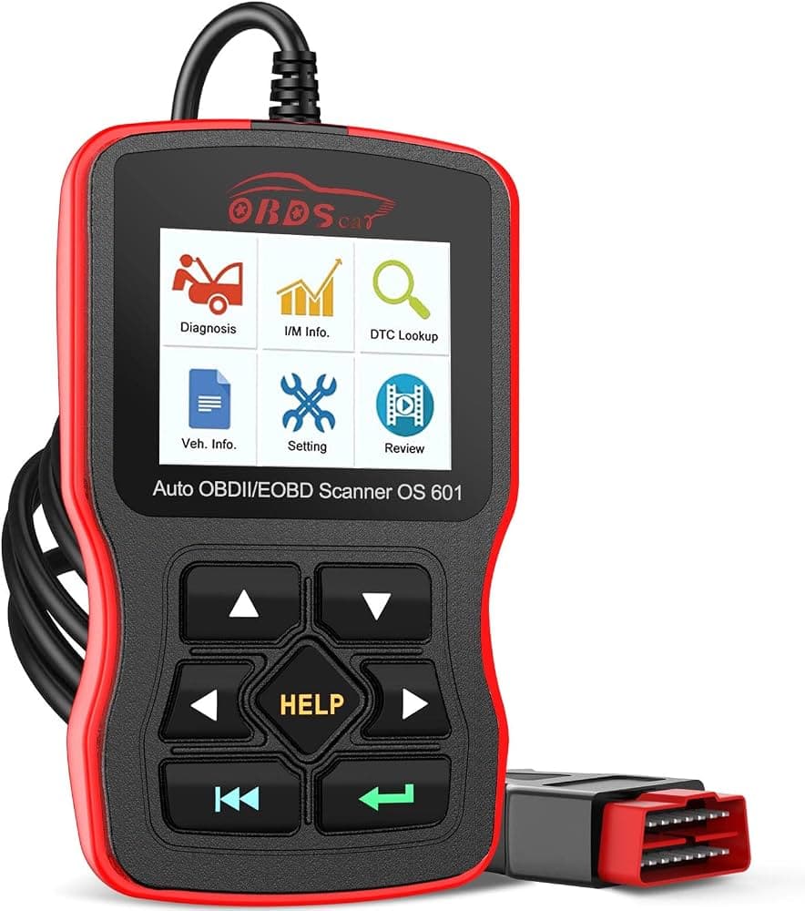 Red and black handheld OBDII car scanner with a color screen and navigation buttons.