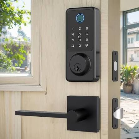 Modern black smart lock with numeric keypad and fingerprint scanner above a matching lever door handle.