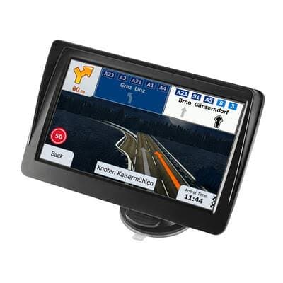 Portable GPS device showing a 3D highway navigation screen with lane guidance and road signs.