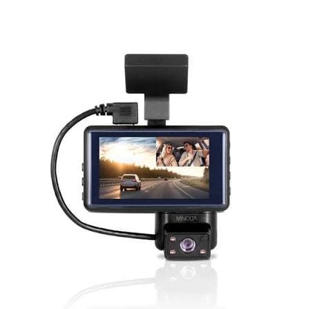 Minolta dual-lens dashcam showing a split-screen view of the road and the vehicle's interior.