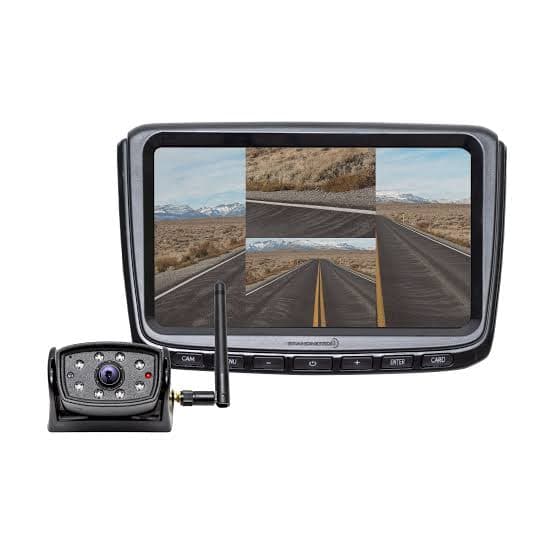 Wireless backup camera system featuring a split-screen monitor and a camera with night vision LEDs.